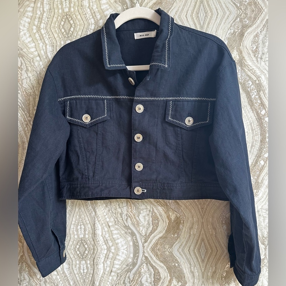 MOD REF womens M Cropped LINEN blend Trucker Jacket Navy Blue Nautical